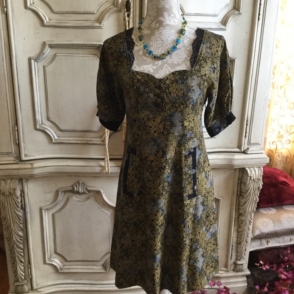 ANTHRO MAYLE SILK MINI DRESS-EXQUISITE GOLD GILDED SILK ALL LINED NEW COND SZ 2
